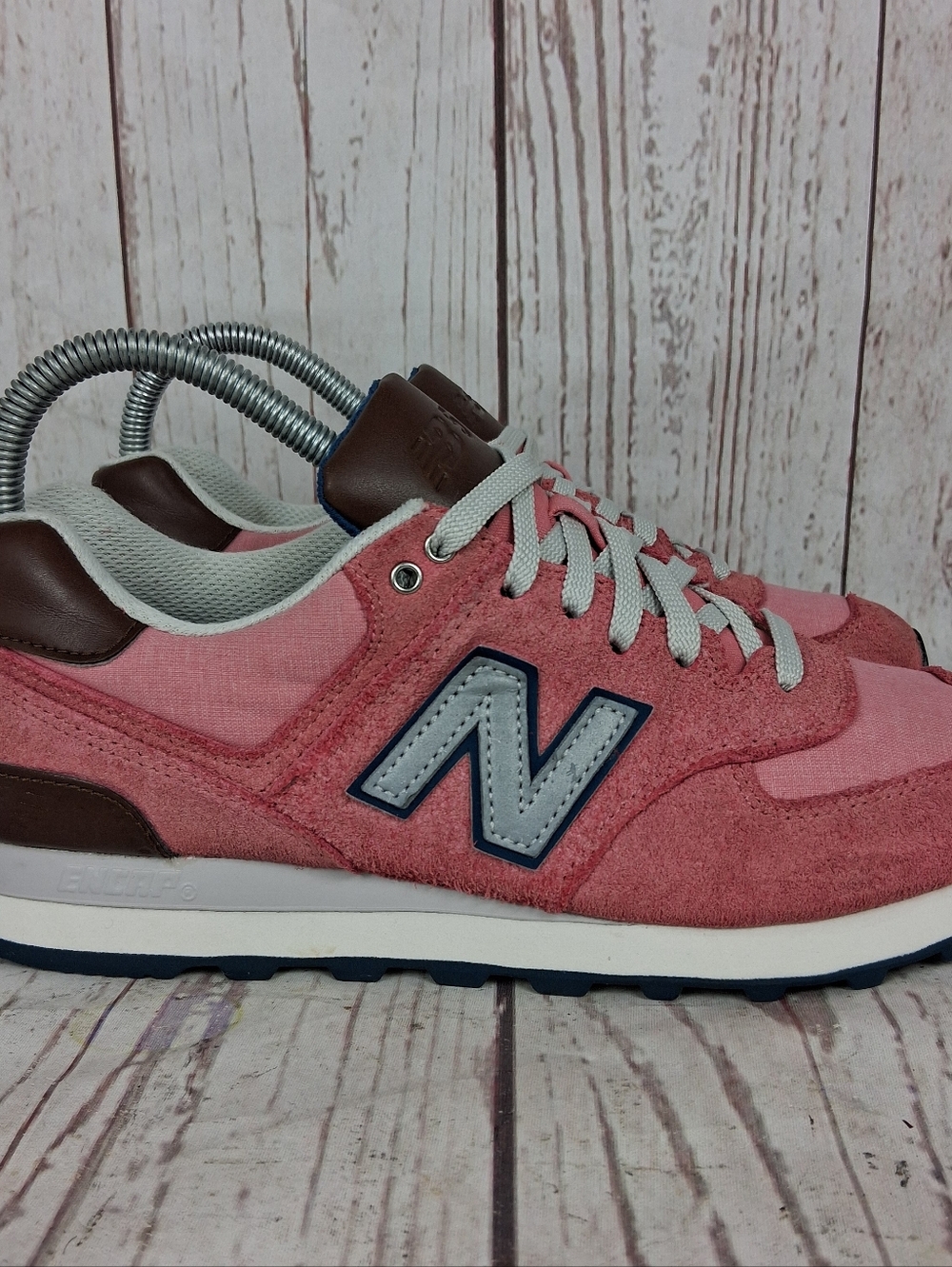 New Balance 574 Sneakers Womens Size 7 Pink Suede Brown Leather Shoes